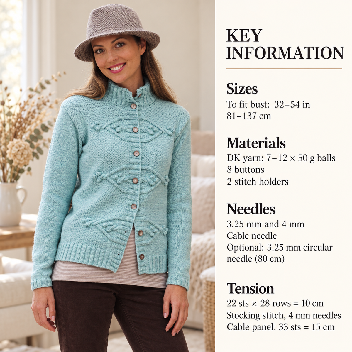 Womans Jacket- High collared Jacket- Cardigan, cable celtic design- DK 8 Ply Yarn- 32-54" chest Knitting pattern Download -PDF- larger sizes