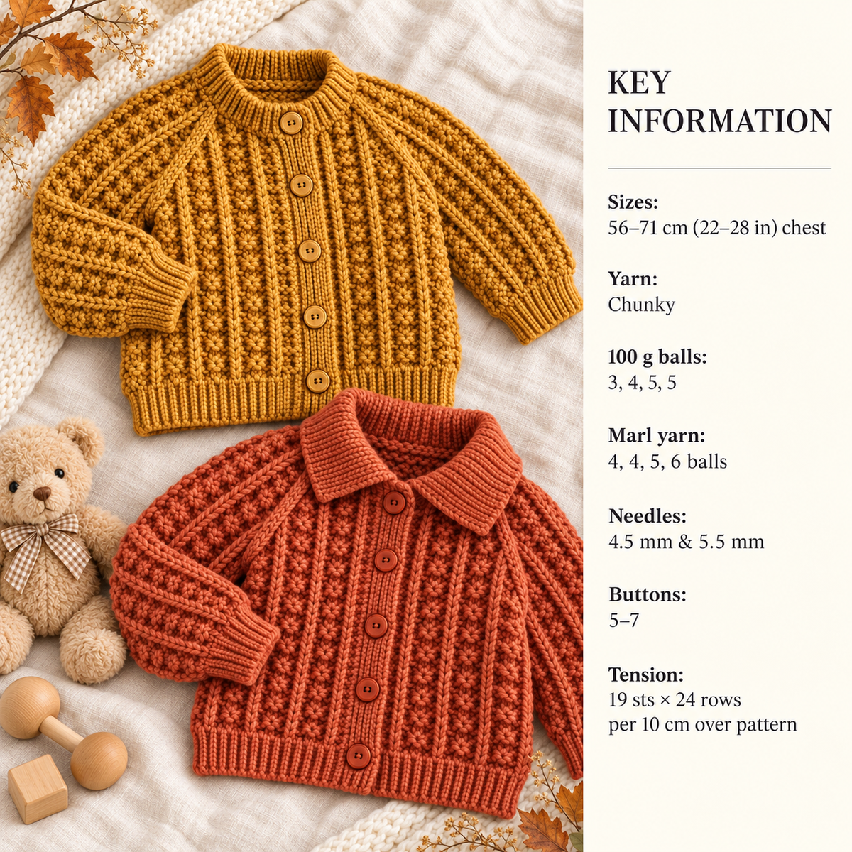 Chunky Baby Textured Raglan Cardigans round neck- collared  in Chunky Bulky Wool chest 22"- 28 chest Knitting Pattern download PDF