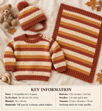 Baby Stripe Jumper Sweater Helmet & Blanket, side  button neck fastening- DK 8Ply Light worsted Knitting pattern download pdf 18 -26" chest