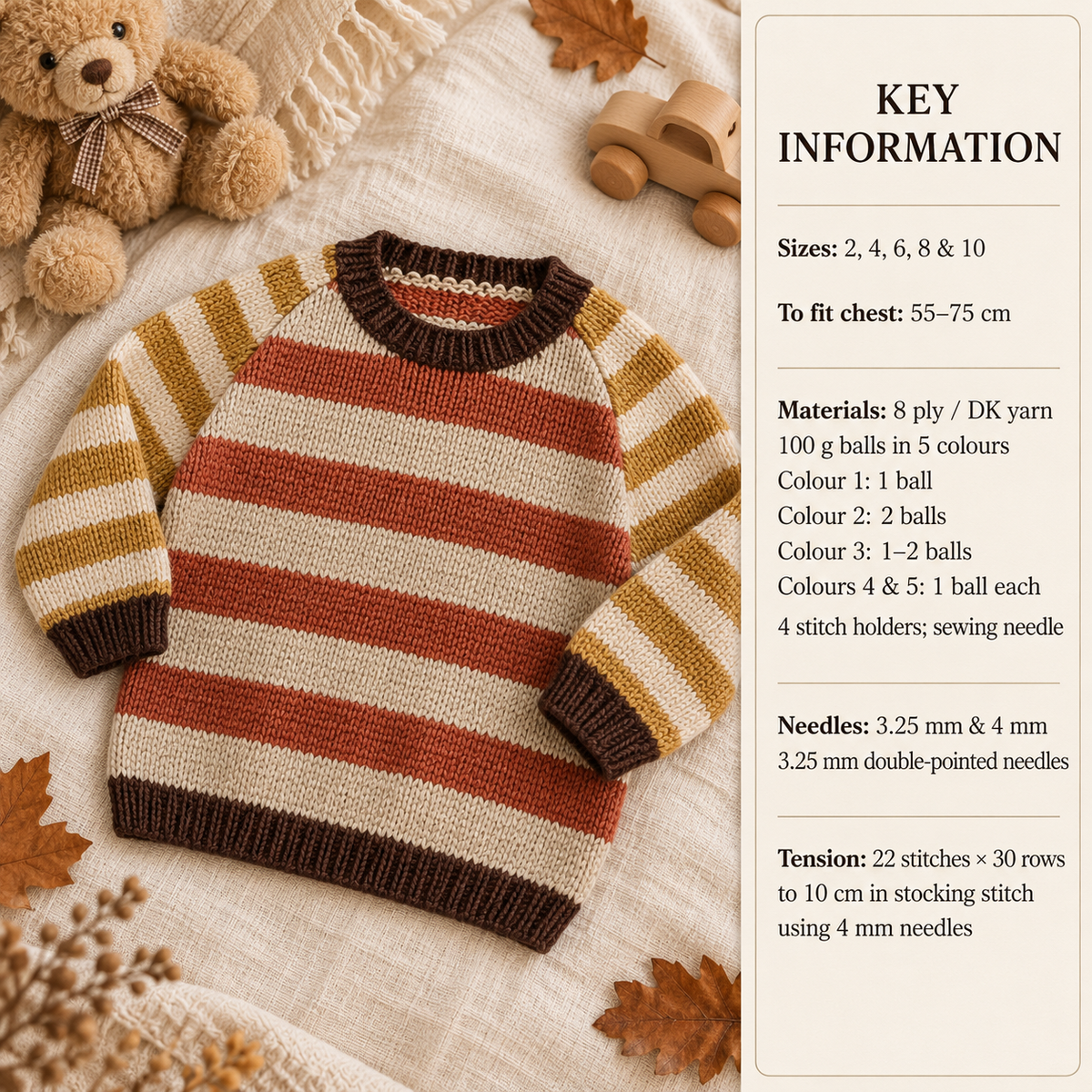 Easy Beginners round neck Stripe Sweater - Fits 55cm -75 cm chest DK 8 Ply Light Worsted -  Knitting Pattern pdf Digital Download Boys-Girls