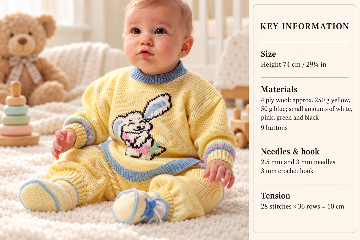 Child's Sweater & pants with embroidered rabbit Knitting Pattern -4 Ply wool  Instant Download Knitting pattern Height 74cm