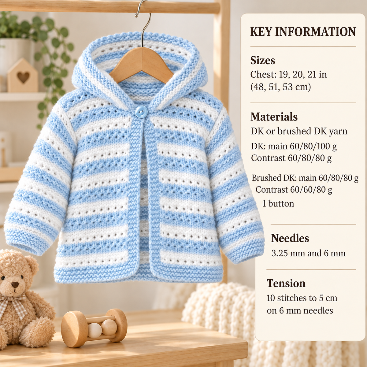 Baby Girl Hooded Cardigan easy Knit - Button front 19 -21"  DK 8PLY Light worsted wool- Knitting pattern