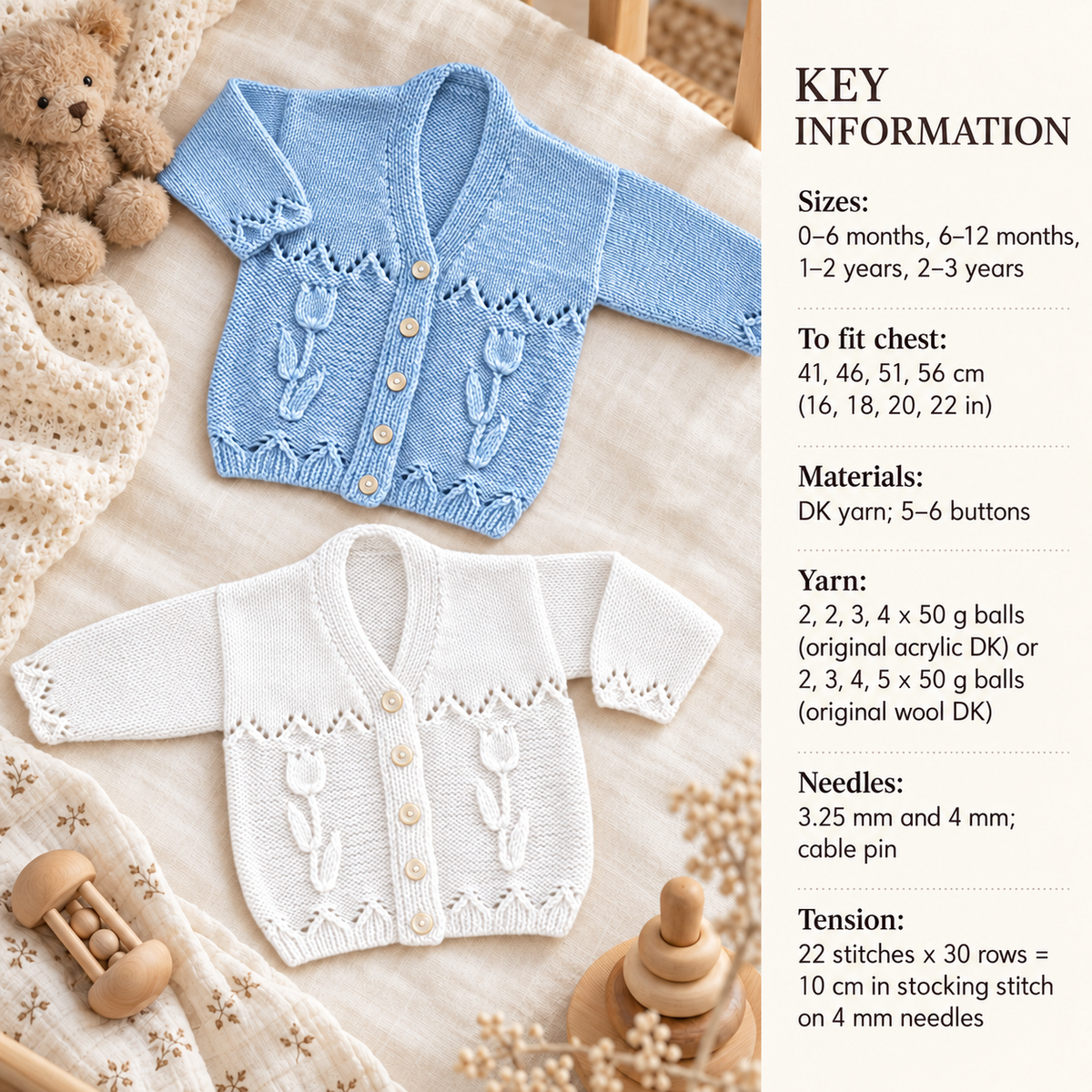 Baby Easy Flower Motif Cardigan Jacket Round & V Neck  16"- 22" ~  ( 0-3 yrs) DK 8 Ply Light Worsted Knitting Pattern pdf download