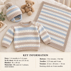 Baby Stripe Jumper Sweater Helmet & Blanket, side  button neck fastening- DK 8Ply Light worsted Knitting pattern download pdf 18 -26" chest
