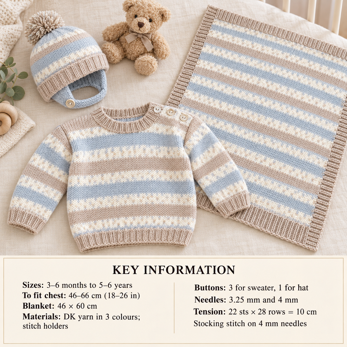 Baby Stripe Jumper Sweater Helmet & Blanket, side  button neck fastening- DK 8Ply Light worsted Knitting pattern download pdf 18 -26" chest
