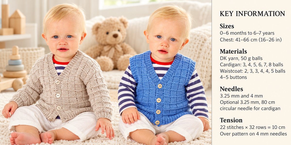 Boy's Knitted Textured V neck Cardigan & Waistcoat- Gilet - Fits from Birth up to 7 years- DK 8 ply  wool-Knitting Pattern Download PDF