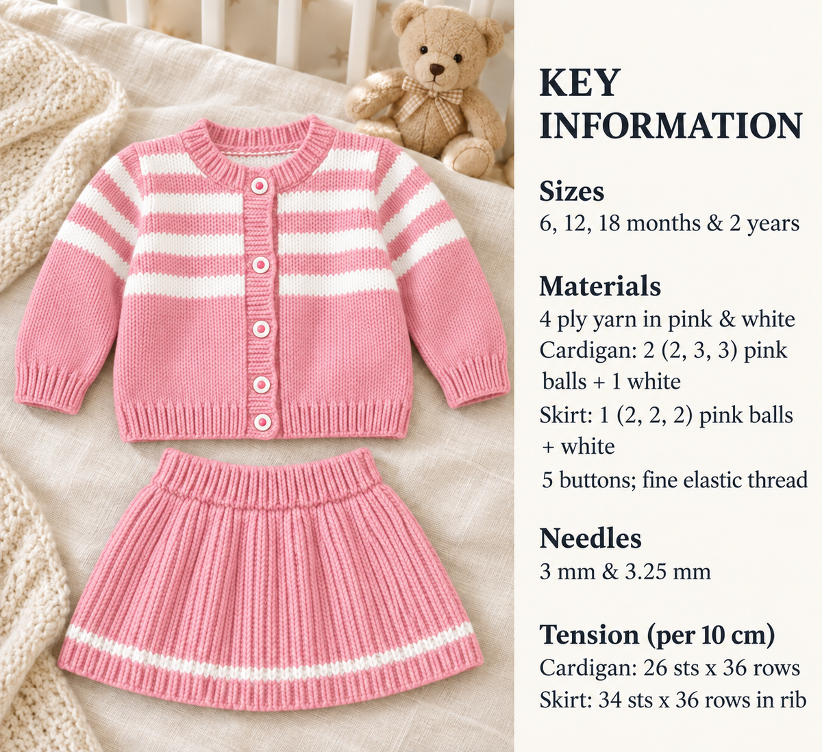 Girl's Stripey Jacket Cardigan-& Knitted Skirt in 4 Ply-Fingering Fits "21"-25" or  ( 6-24 months)-- Knitting Pattern Download PDF