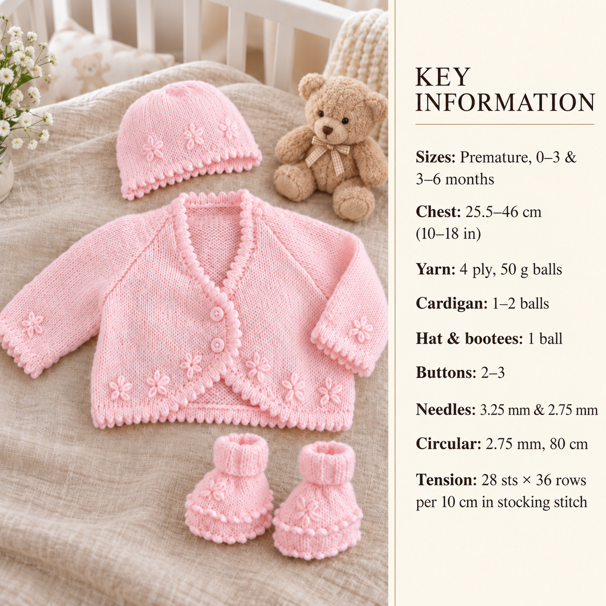 Baby Girl Scalloped edge Daisy Cardigan-Scalloped edge hat  ( 4PLY ) Yarn Premature Premie baby chest 10" - 18 ins- Download PDF (Copy)