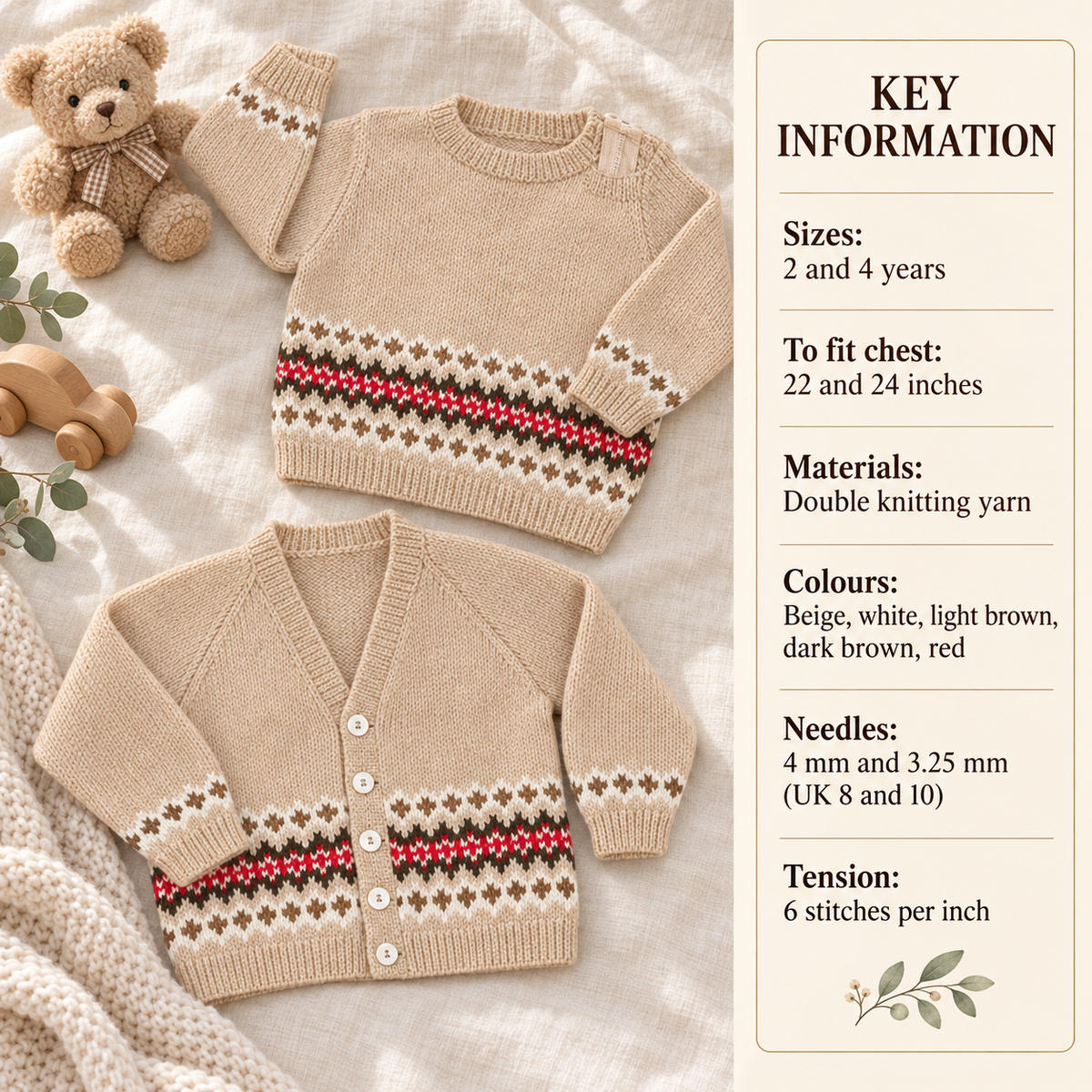 Vintage Child's Fair isle Cable Cardigan & Sweater~ Jumper -Raglan sleeves in DK (8ply) 22" - 24" (2-4yrs ) Knitting pattern -Download PDF-