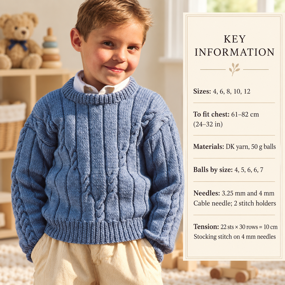 Vintage Boys Aran Sweater Knitting Pattern, Cable Knit (PDF Download)
