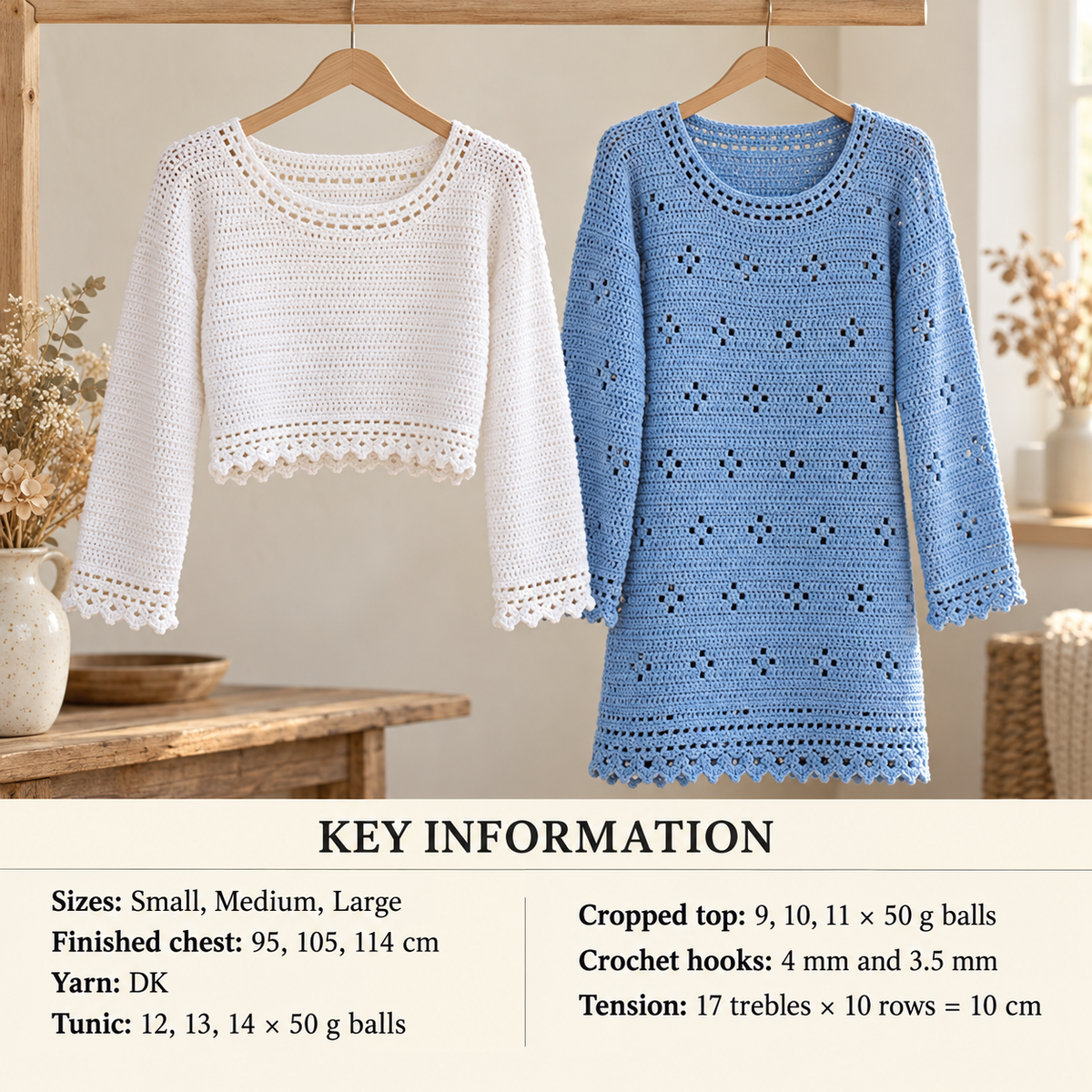 Simple Crochet Long & Cropped  Top-Sweaters-Tunic- Pullovers S-L Women's  Cotton DK (8 Ply) PDF Download Pattern Ladies