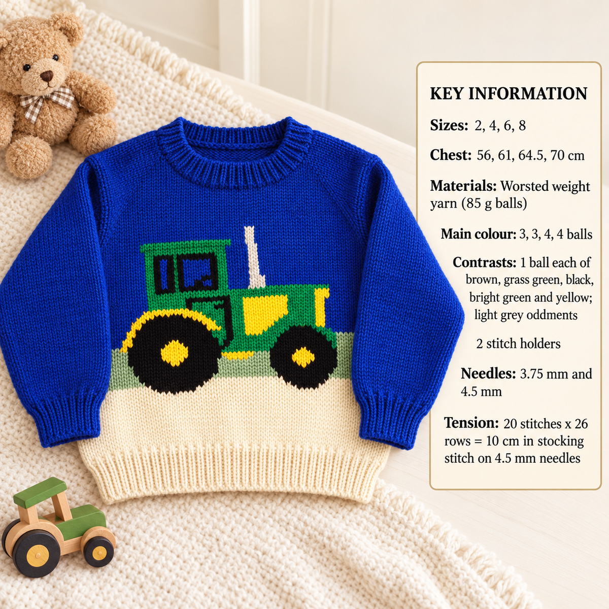 Tractor Sweater Knitting Pattern – Aran Wool Baby Children 22-28" (PDF Download)