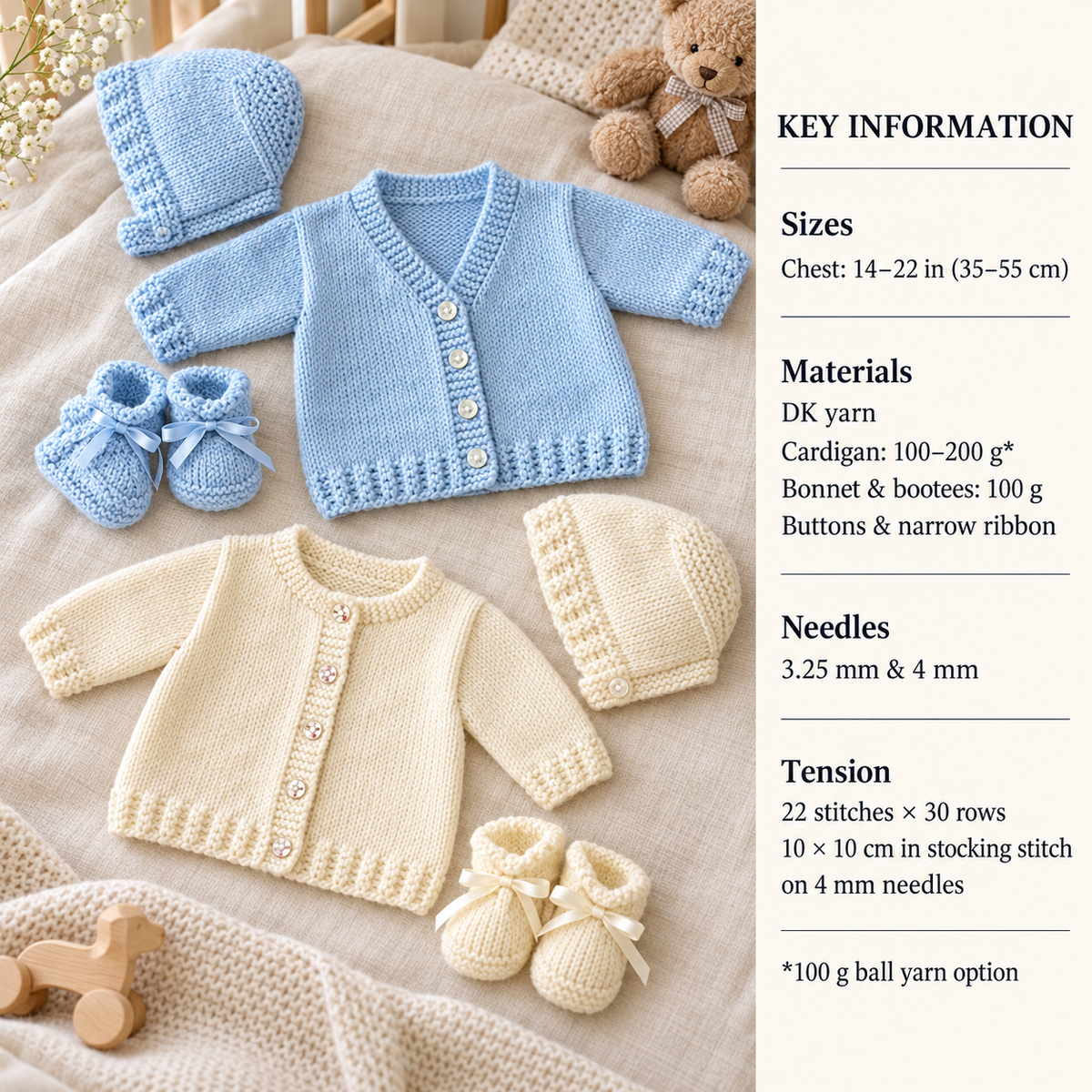 Easy Baby Cardigans Round Neck- V Neck Boots & Hat Premature 14 - 22" DK 8 Ply Light Worsted Knitting Pattern pdf Digital Download