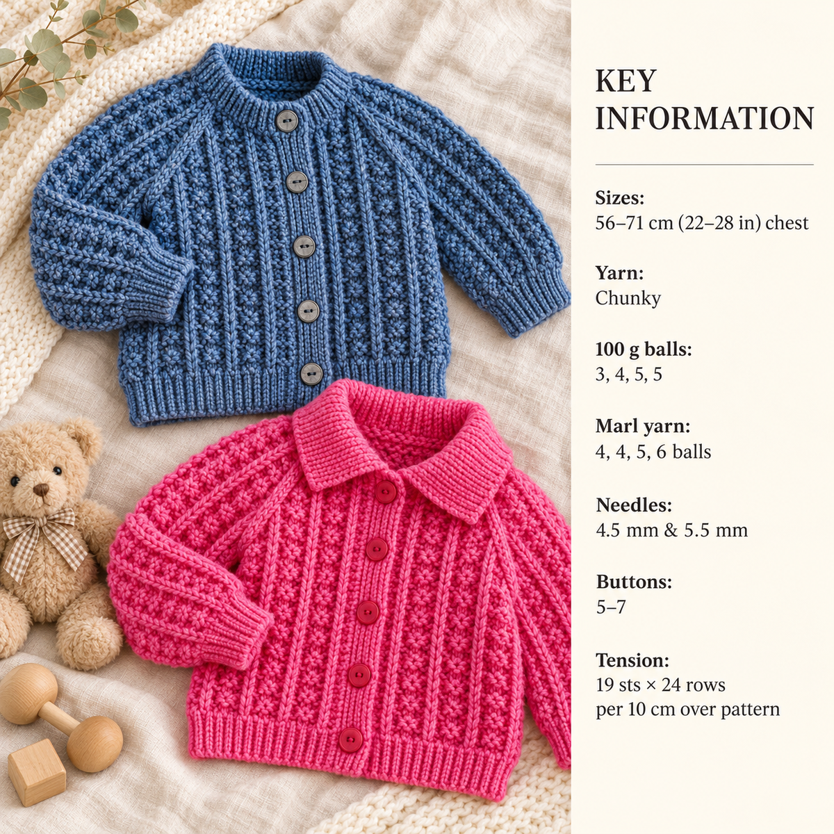 Chunky Baby Textured Raglan Cardigans round neck- collared  in Chunky Bulky Wool chest 22"- 28 chest Knitting Pattern download PDF