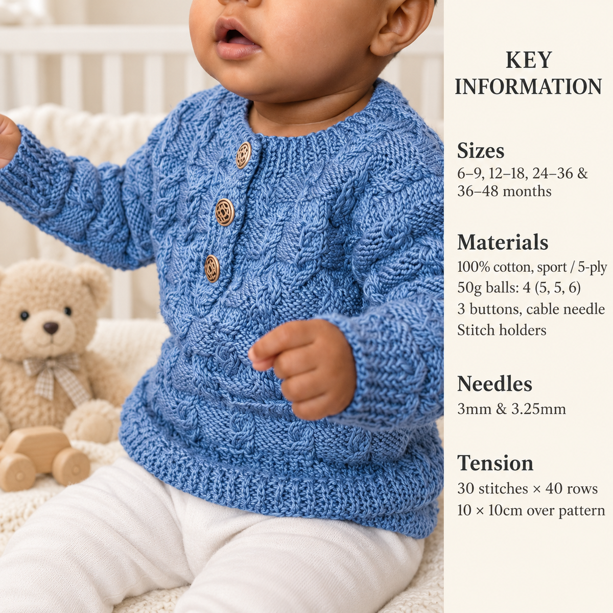 Boy's Knitted Textured Button front cable textured sweater- Round neck- knitted in DK 8 ply Light worsted wool-Knitting Pattern Download PDF