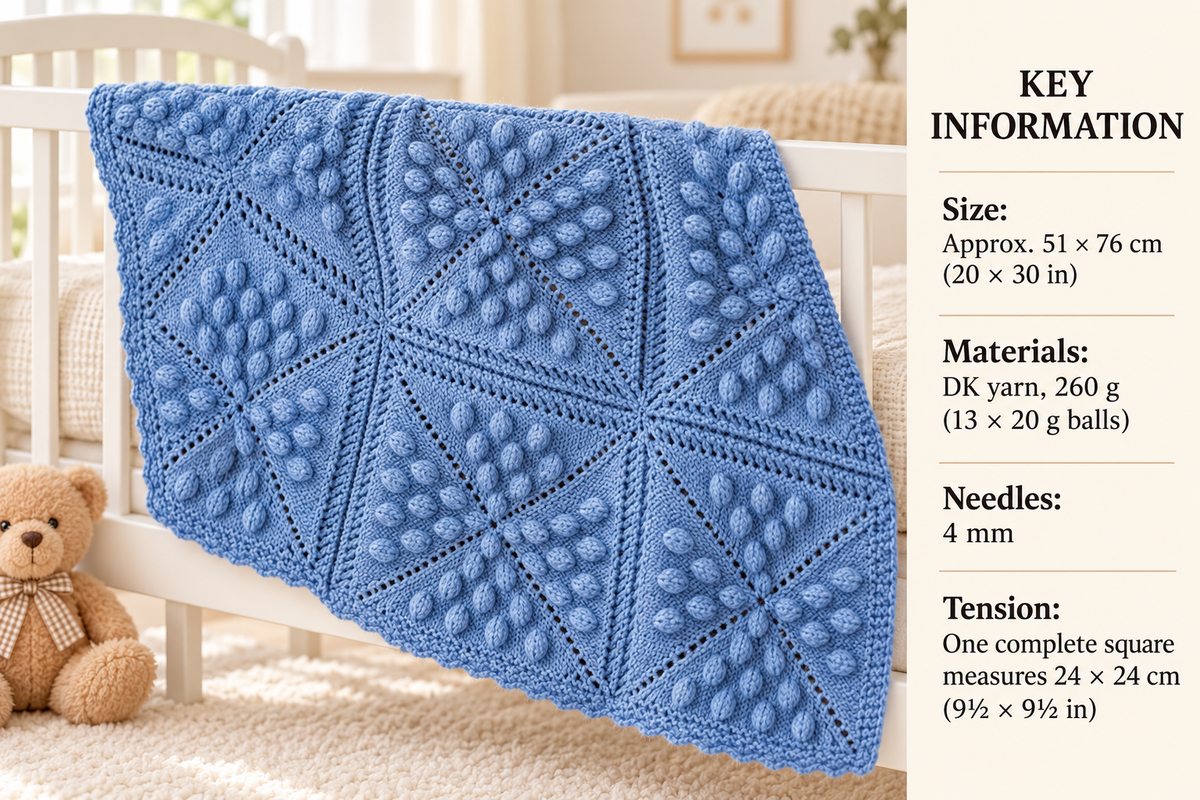 Triangle Bobbly Textured Design Cot Crib Pram Blanket DK (8 ply) 20" x30" Vintage Knitting Pattern PDF Download