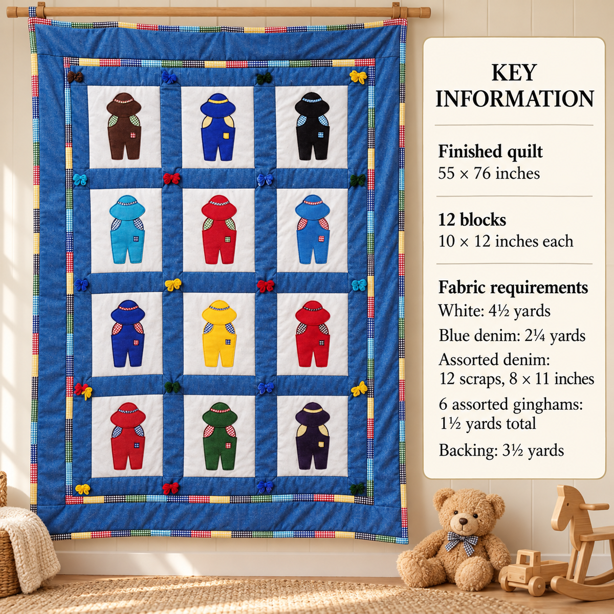 Overall Sam Patchwork Blocks Applique Boys Bed Quilt Bedspread Vintage Sunbonnet 55" x 76" ~ Quilt Sewing Pattern