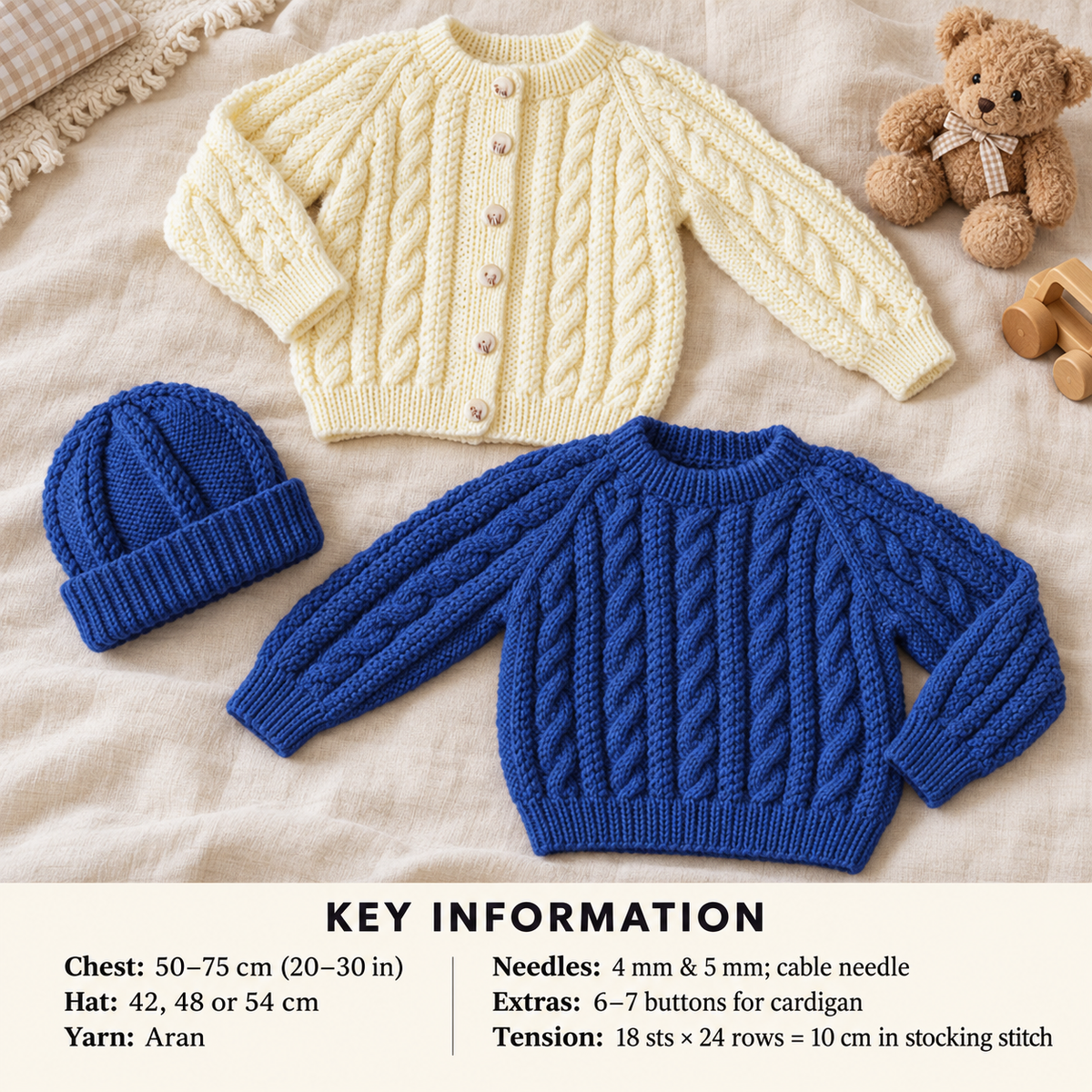 Childrens Round Neck Raglan Sweater Cardigan & Hat Cable Moss Stitch 20-30" Aran 10 Ply Worsted Knitting Pattern pdf Instant Download