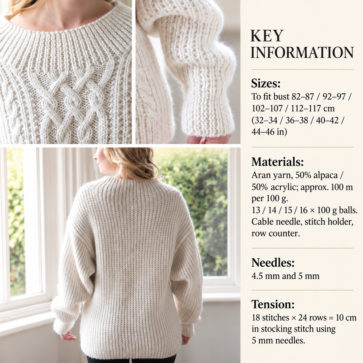 Woman's round  neck  cable sweater jumper ~ pullover  32"-46"  aran (10 ply) weight yarn ~knitting pattern pdf downloadable