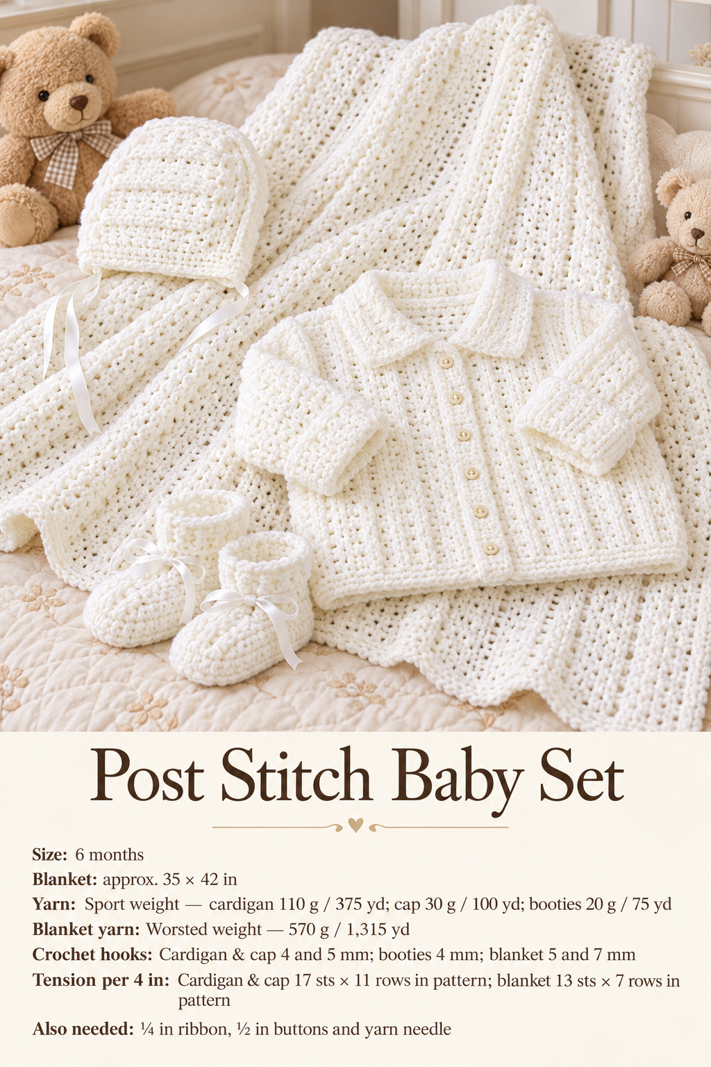 Baby Crochet Blanket Cardigan, cap & bootees in Sport weight yarn  Fits approx. 6 months Crochet Pattern PDF Instant Download