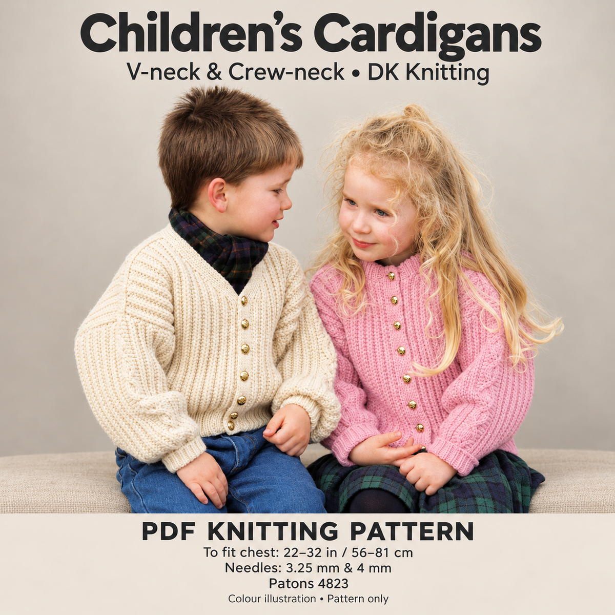 Child's Easy Rib Round & V Neck Cardigans Jackets Sweater Boy Girl - 22" - 32"~ DK, 8 Ply, PDF Knitting Pattern