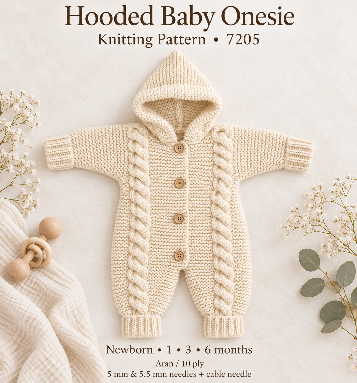 Baby Hooded Onesie Cable Garter Stitch All in One Jumpsuit (0 -6 mths)~ Aran 10 Ply Worsted Knitting Pattern PDF Download