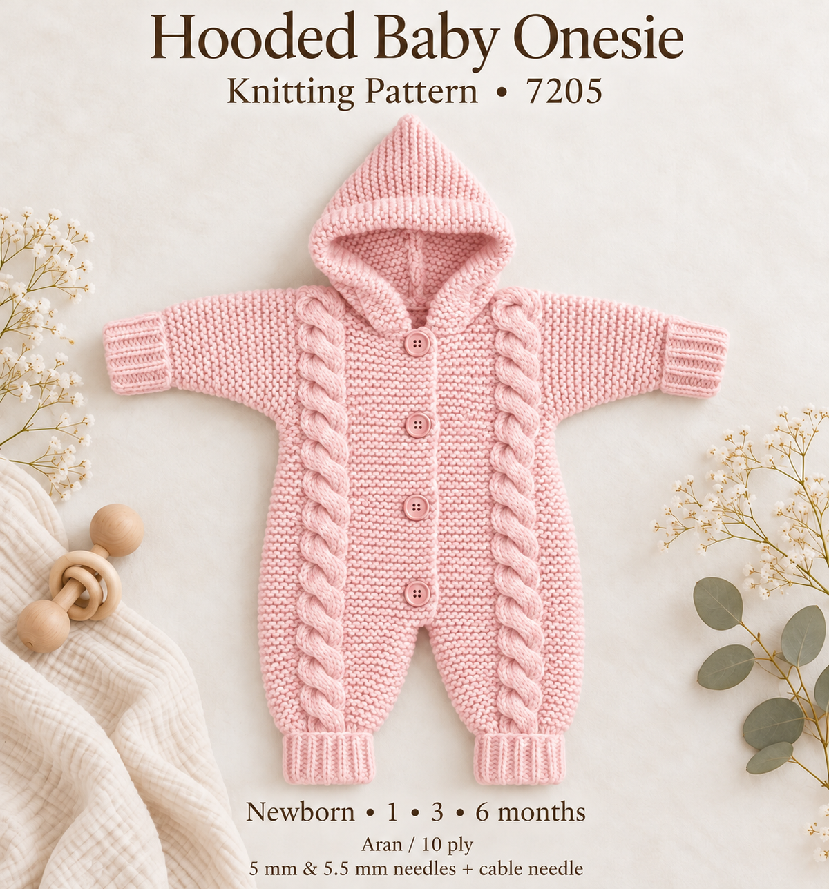 Baby Hooded Onesie Cable Garter Stitch All in One Jumpsuit (0 -6 mths)~ Aran 10 Ply Worsted Knitting Pattern PDF Download
