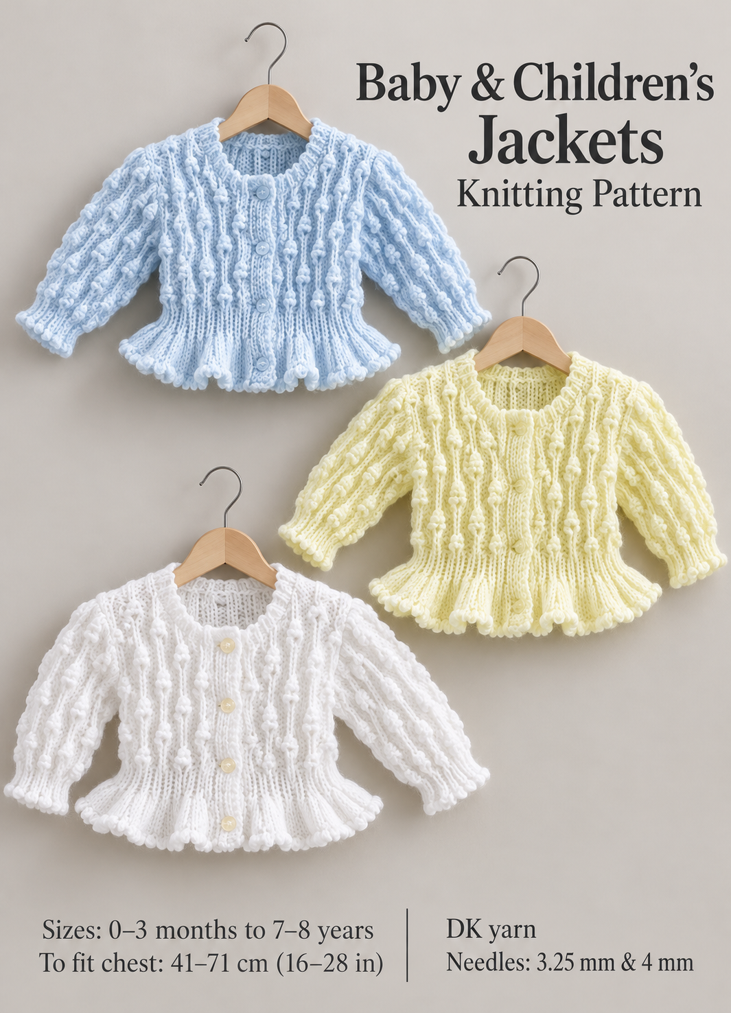 Baby Girls Cardigan Textured Long sleeved Peplum Border Frilled  Knitting pattern- Knitted in 8 ply (DK) fits Birth-8 Yrs- 16-28 Inches