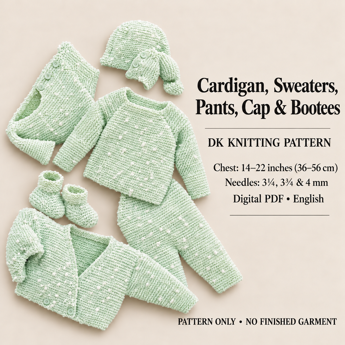 Boy girl Easy Cardigan Sweaters Pants Cap & Bootees  Garter stitch 14" 22" DK 8ply Light worsted  Knitting Pattern pdf Instant Download