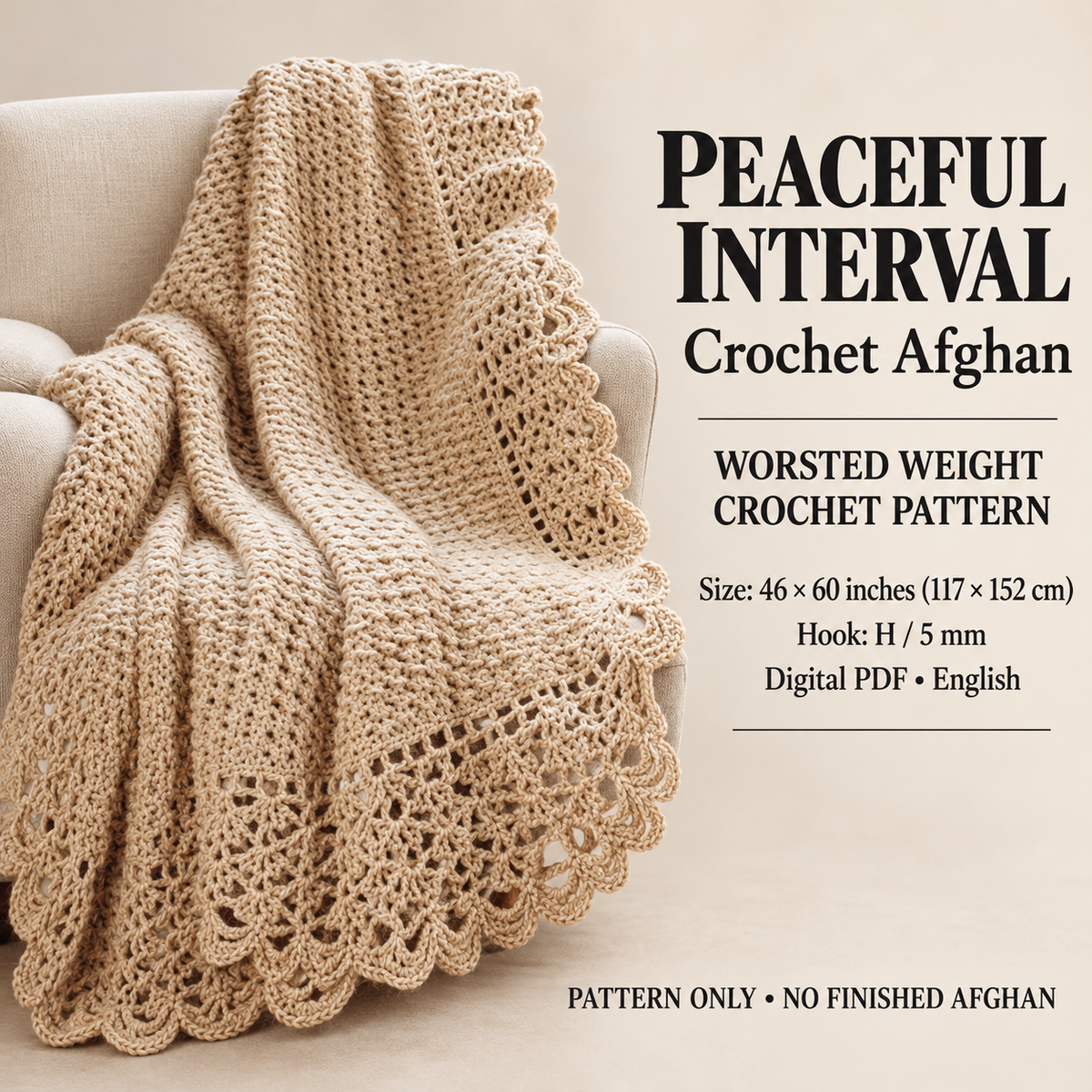 Victorian Crochet Afghan Blanket Bedspread Fancy Picot Edging 46" x 60" Worsted Aran Wool 10 Ply Crochet Pattern PDF Instant Download