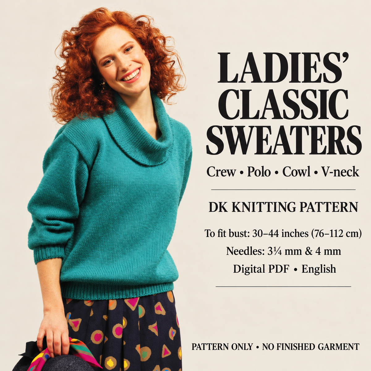 Ladies Easy Knit Classic Sweaters  4 Different neck styles to knit -V neck round- polo- turtle Knitting Pattern DK 32-44" chest Download PDF