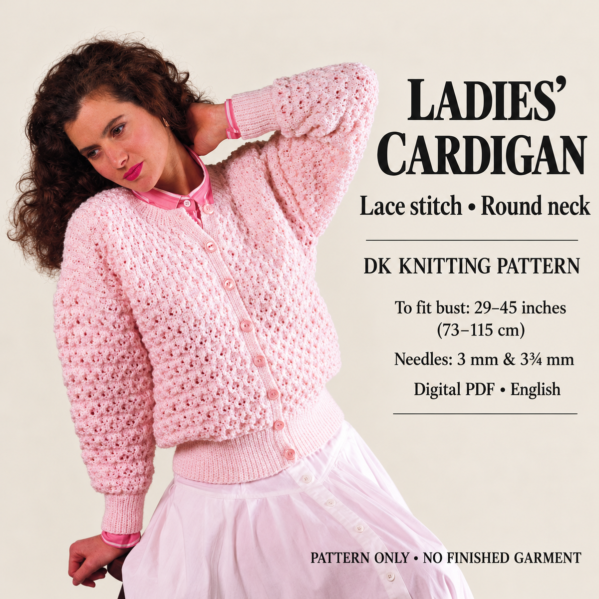 Woman's Lacey vintage Cardigan - round Neck with drop sleeves- DK (8PLY) 29 - 45" Download PDF Knitting Pattern- Vintage knits