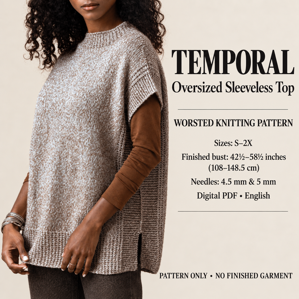 Womens Easy Loose fit Round Neck Top -Cap Sleeves-Slipover Sweater Vest  42"-58"Aran 10 Ply Worsted Wool Knitting Pattern PDF download