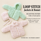 Baby Easy Loopy Cardigan-Hooded Jacket~ Cardigan with collar & Hat 2 styles to knit in DK 8Ply Light Worsted  Download PDF Knitting pattern