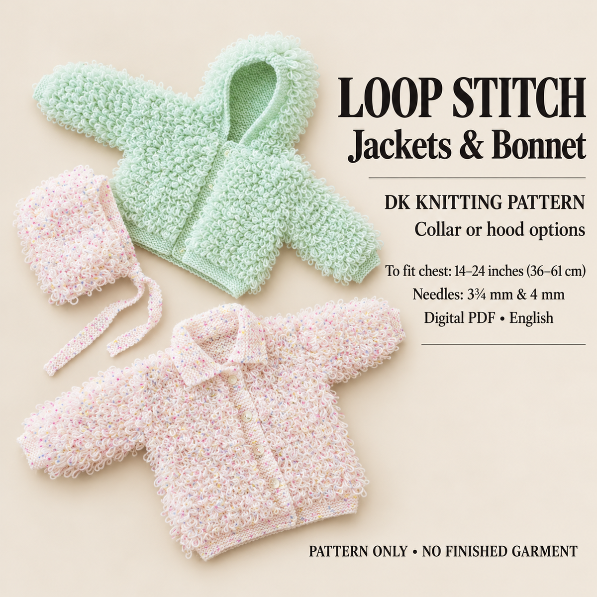 Baby Easy Loopy Cardigan-Hooded Jacket~ Cardigan with collar & Hat 2 styles to knit in DK 8Ply Light Worsted  Download PDF Knitting pattern