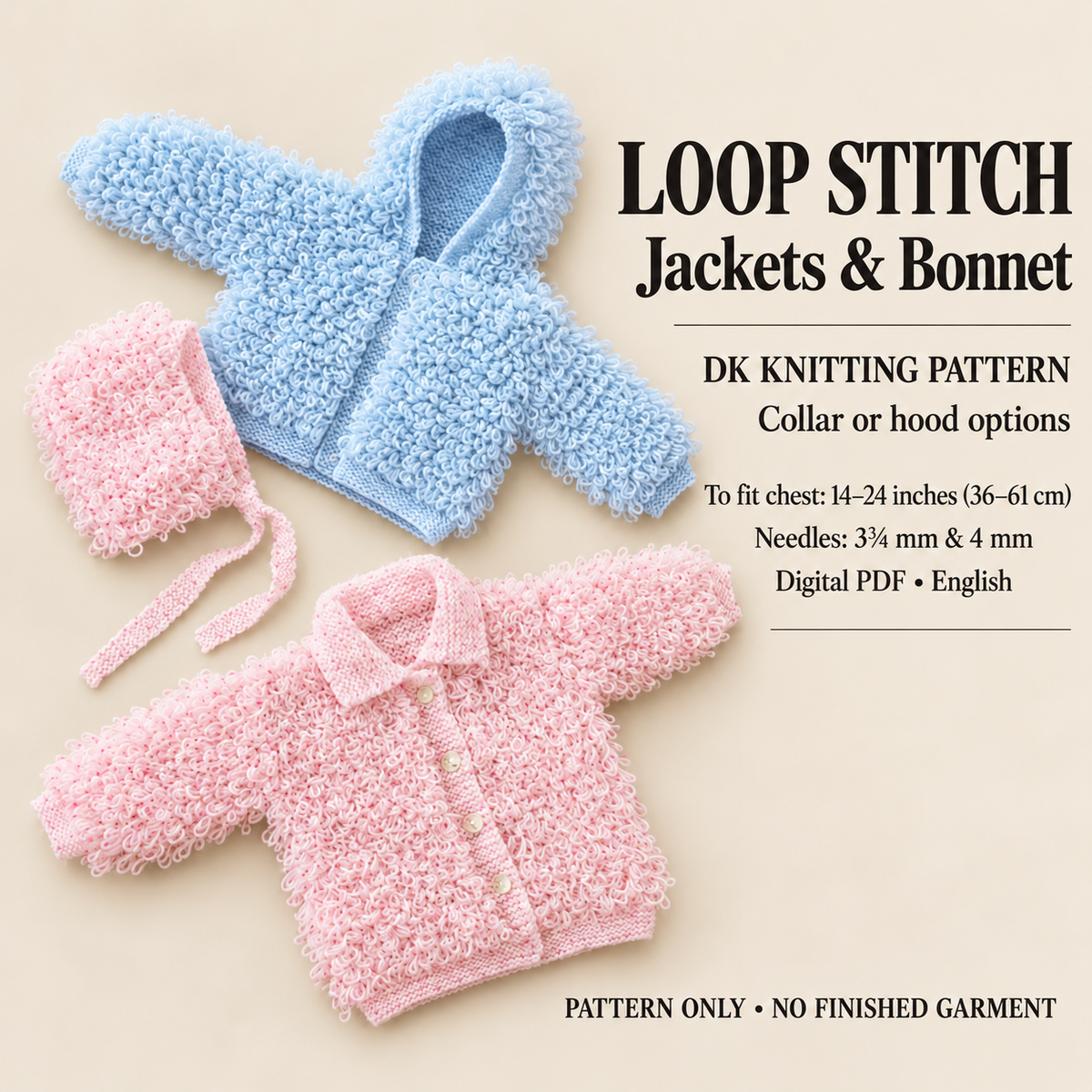 Baby Easy Loopy Cardigan-Hooded Jacket~ Cardigan with collar & Hat 2 styles to knit in DK 8Ply Light Worsted  Download PDF Knitting pattern