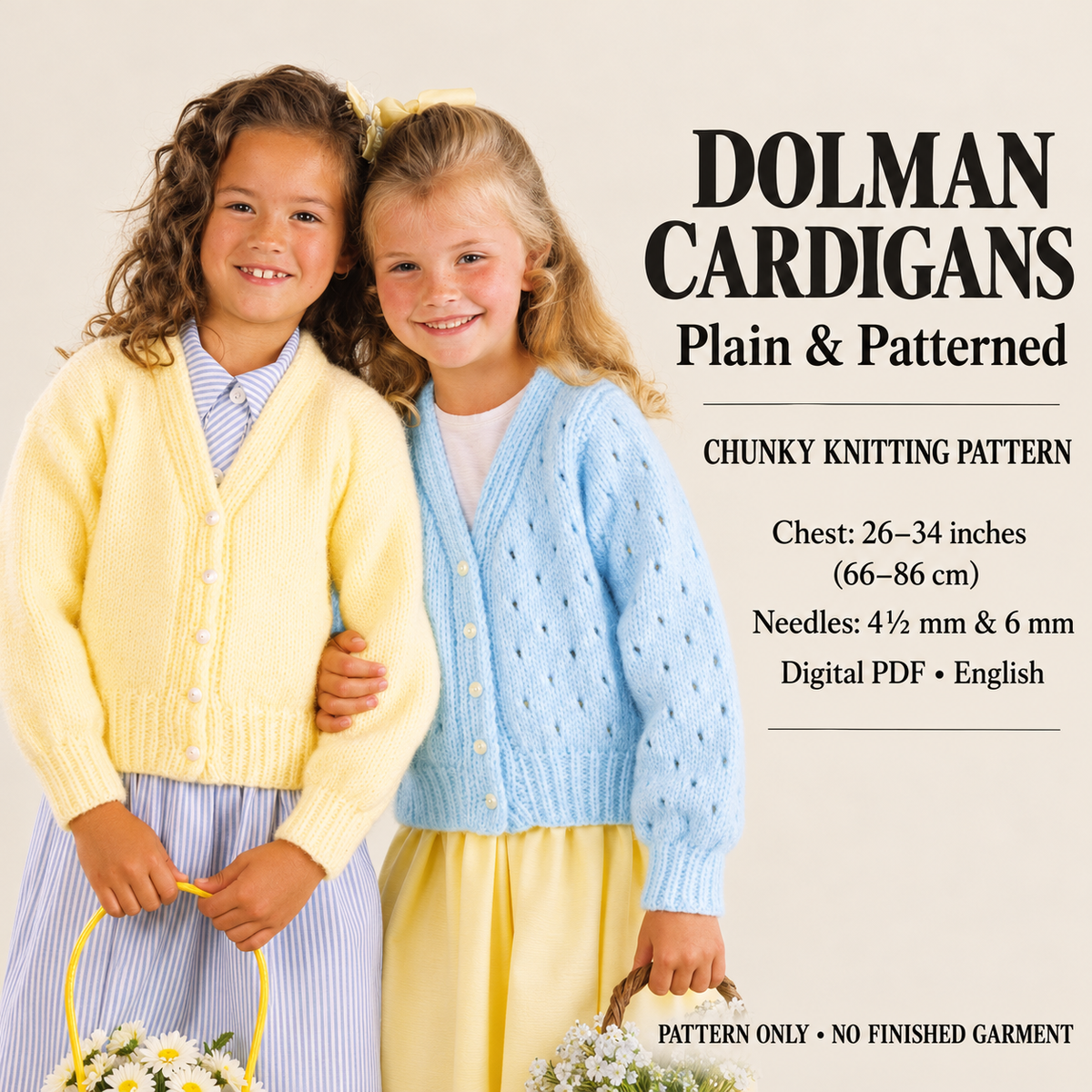 Older Girls Chunky V Neck Lace or Plain Knit Cardigans  26" - 34" Chunky-Bulky 12ply Yarn-Knitting Pattern PDF Download