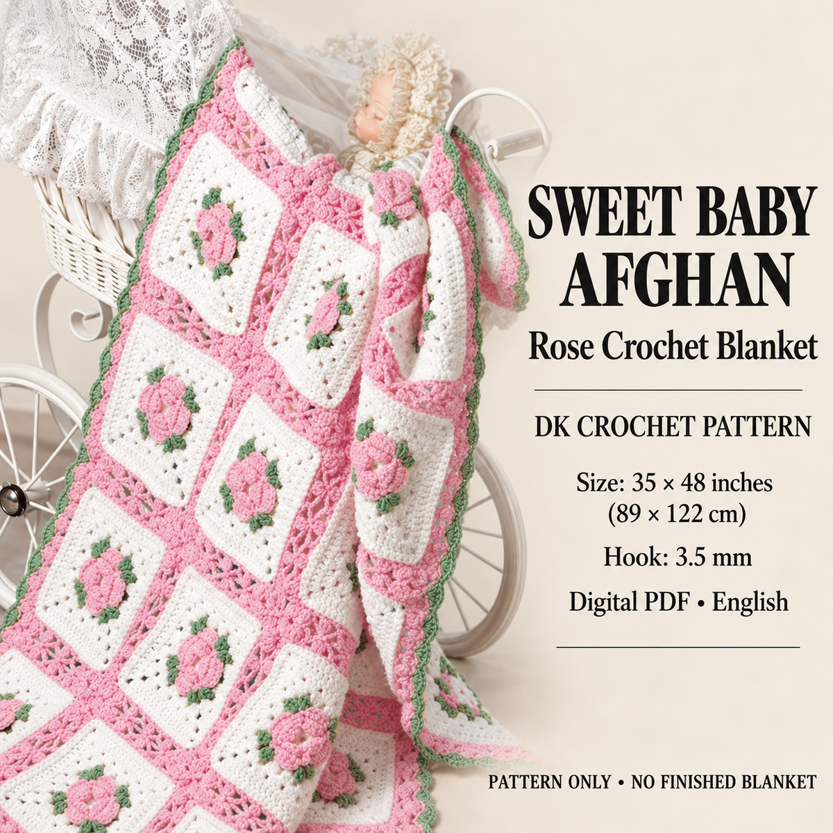 Vintage Crochet Pattern Pretty Rosebud Granny Square Baby Afghan Blanket PDF Instant Digital Download DK 8 Ply