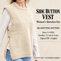 Womens Easy Beginner Round Neck Sleeveless Slipover Sweater Vest- Button side in DK 8 Ply Light Worsted Wool Knitting Pattern PDF download