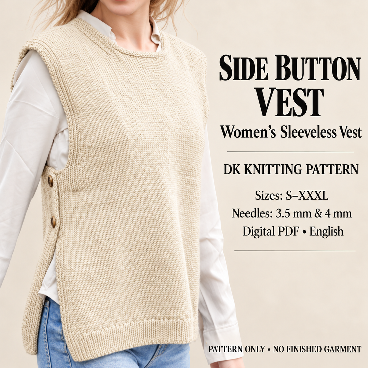 Womens Easy Beginner Round Neck Sleeveless Slipover Sweater Vest- Button side in DK 8 Ply Light Worsted Wool Knitting Pattern PDF download