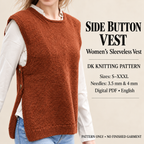 Womens Easy Beginner Round Neck Sleeveless Slipover Sweater Vest- Button side in DK 8 Ply Light Worsted Wool Knitting Pattern PDF download