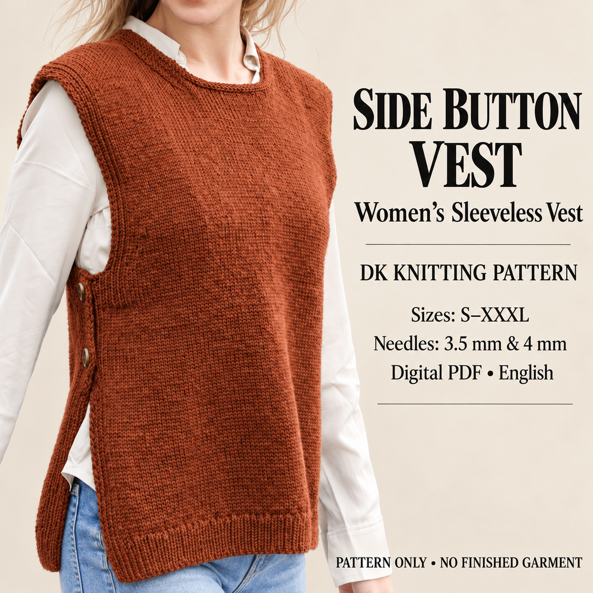 Womens Easy Beginner Round Neck Sleeveless Slipover Sweater Vest- Button side in DK 8 Ply Light Worsted Wool Knitting Pattern PDF download