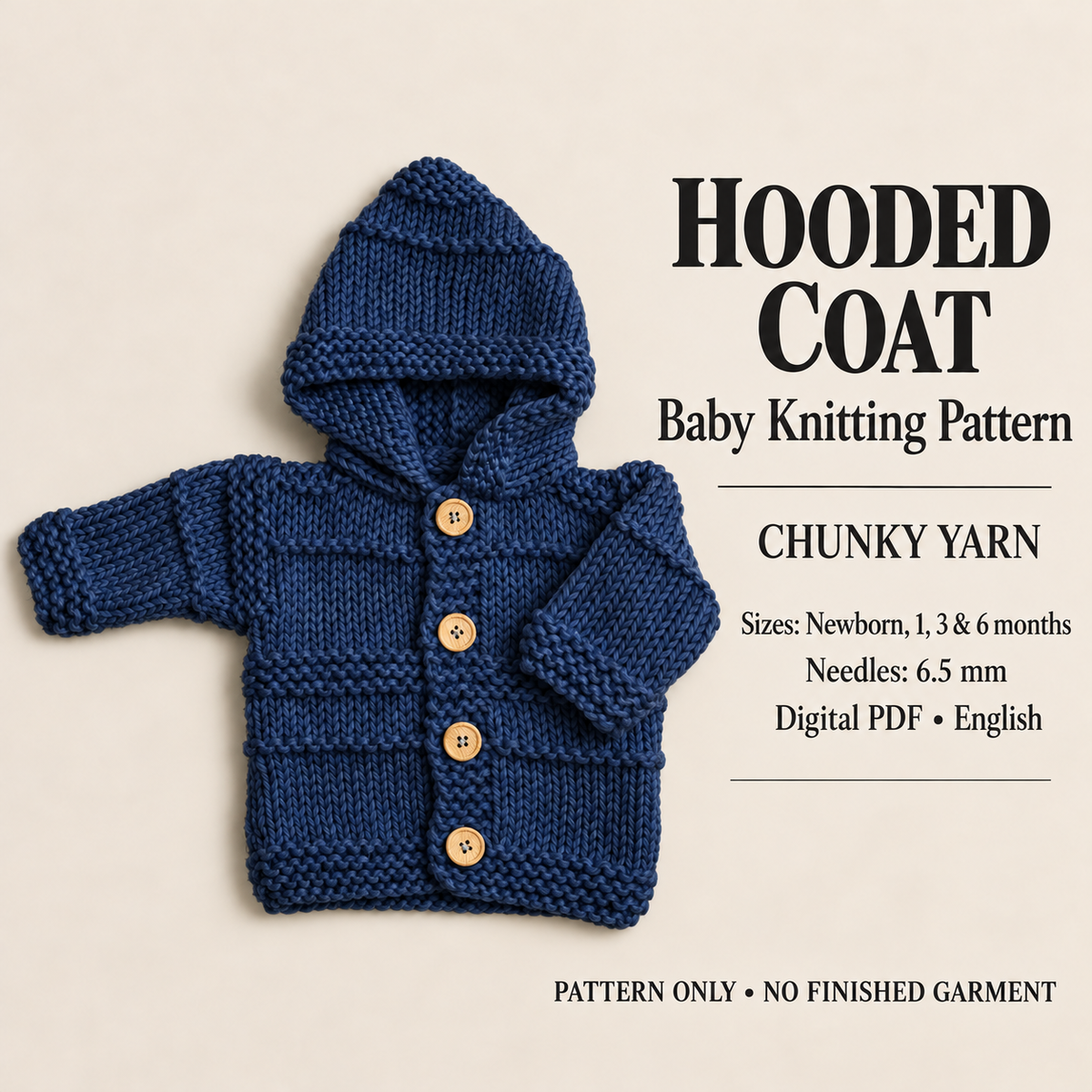 Baby Very Easy Hooded Jacket for a Boy- Girl- Knitting Pattern - Chunky ~ Bulky wool )  Knitting pattern- Fits Birth- 6 Months- Download PDF