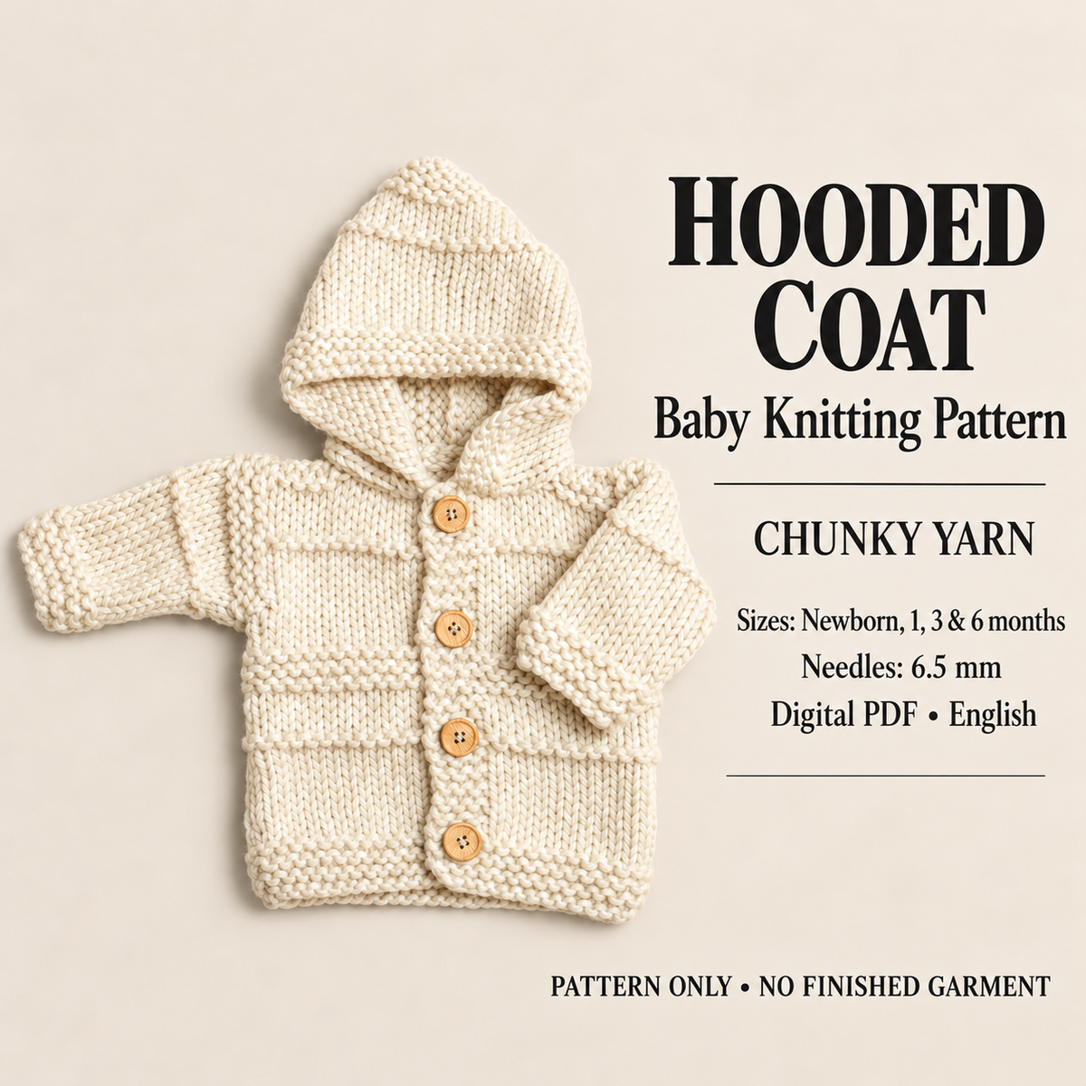 Baby Very Easy Hooded Jacket for a Boy- Girl- Knitting Pattern - Chunky ~ Bulky wool )  Knitting pattern- Fits Birth- 6 Months- Download PDF