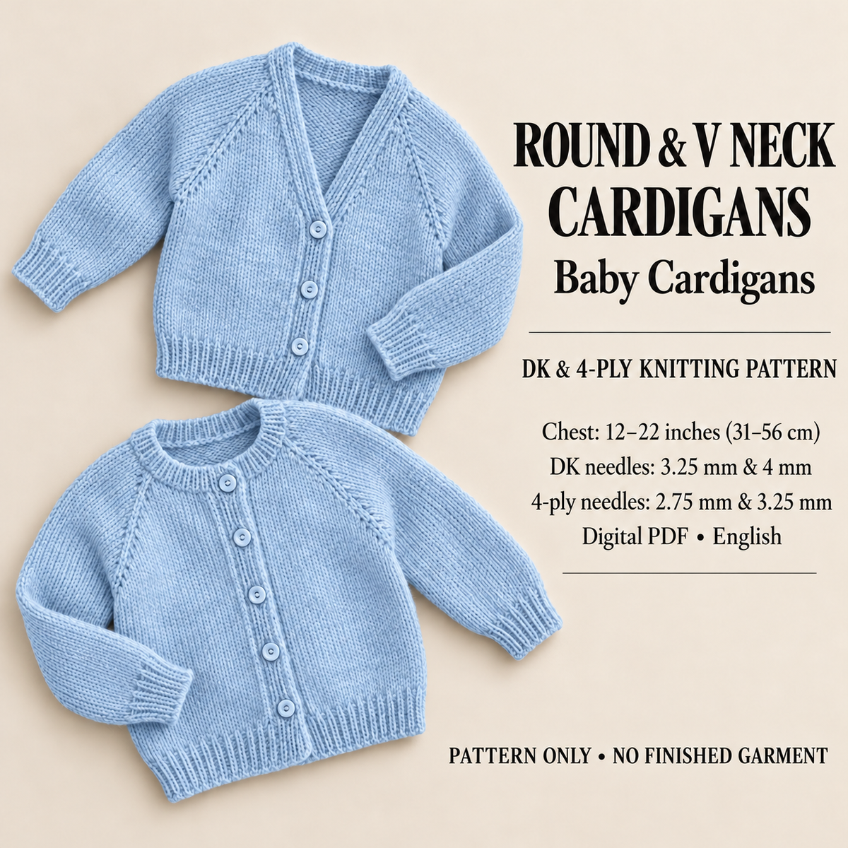 Child's Easy Beginners Cardigan round neck-V Neck Knitting Pattern -DK-8ply(Light Worsted weight) instant Download-Premature 12"up to 22"