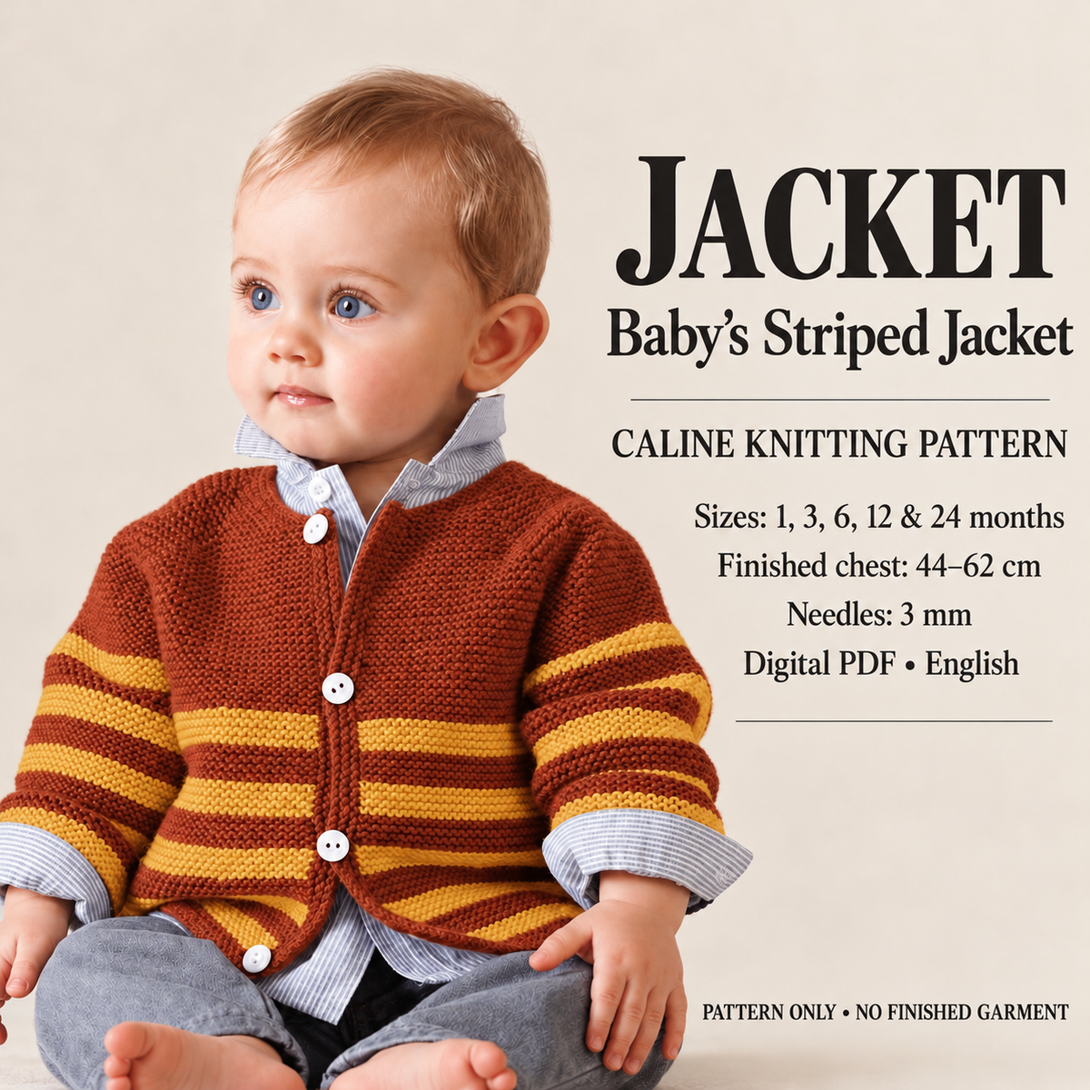 Easy Knit Baby Stripe Round Neck Garter Stitch Jacket- Cardigan  - Sizes age 1 - 24 Months-  Knitting pattern pdf instant download