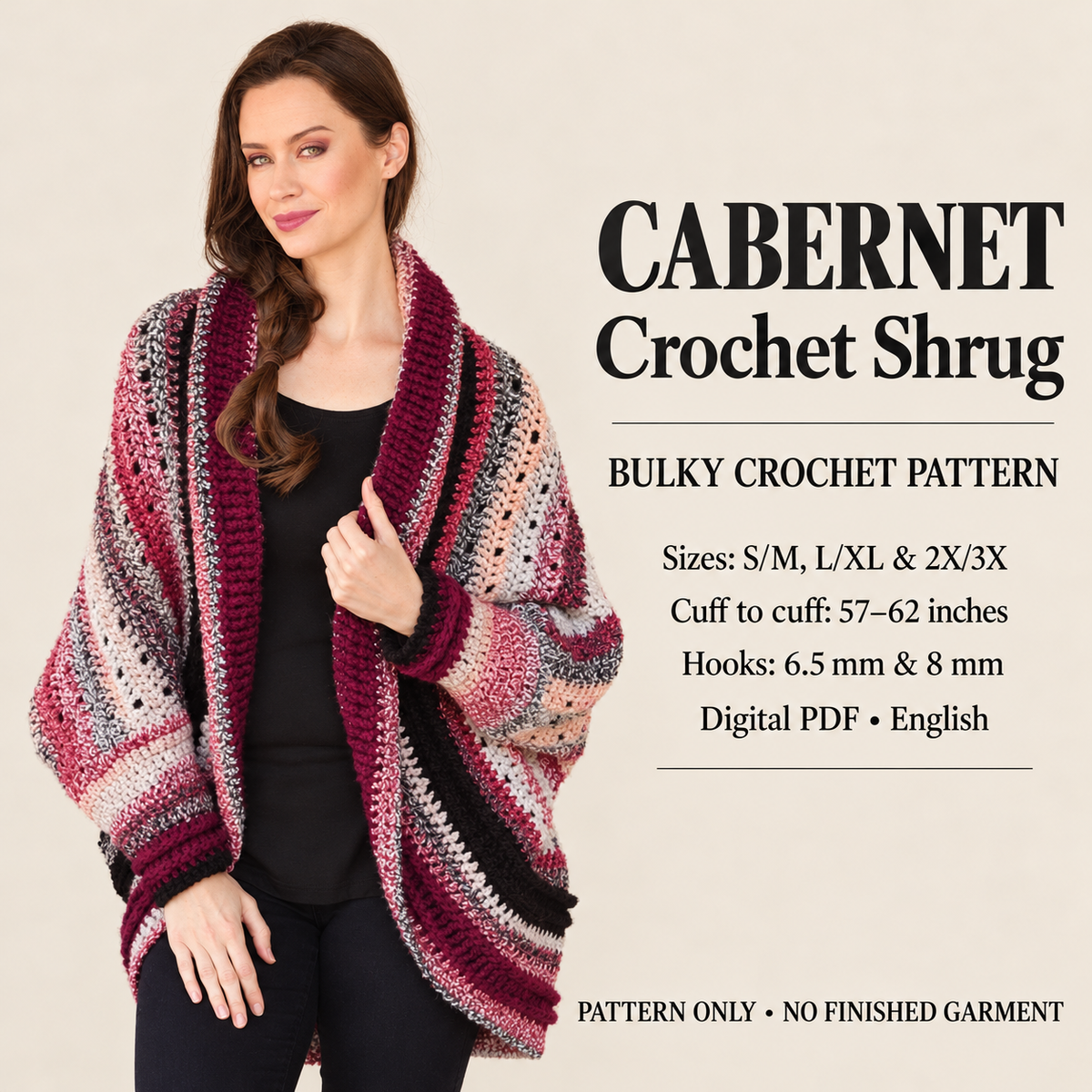 Woman's Crochet Shrug style Cardigan-Crochet up in Bulky- Chunky 12 ply yarn- Download PDF Crochet Pattern- see images for more information