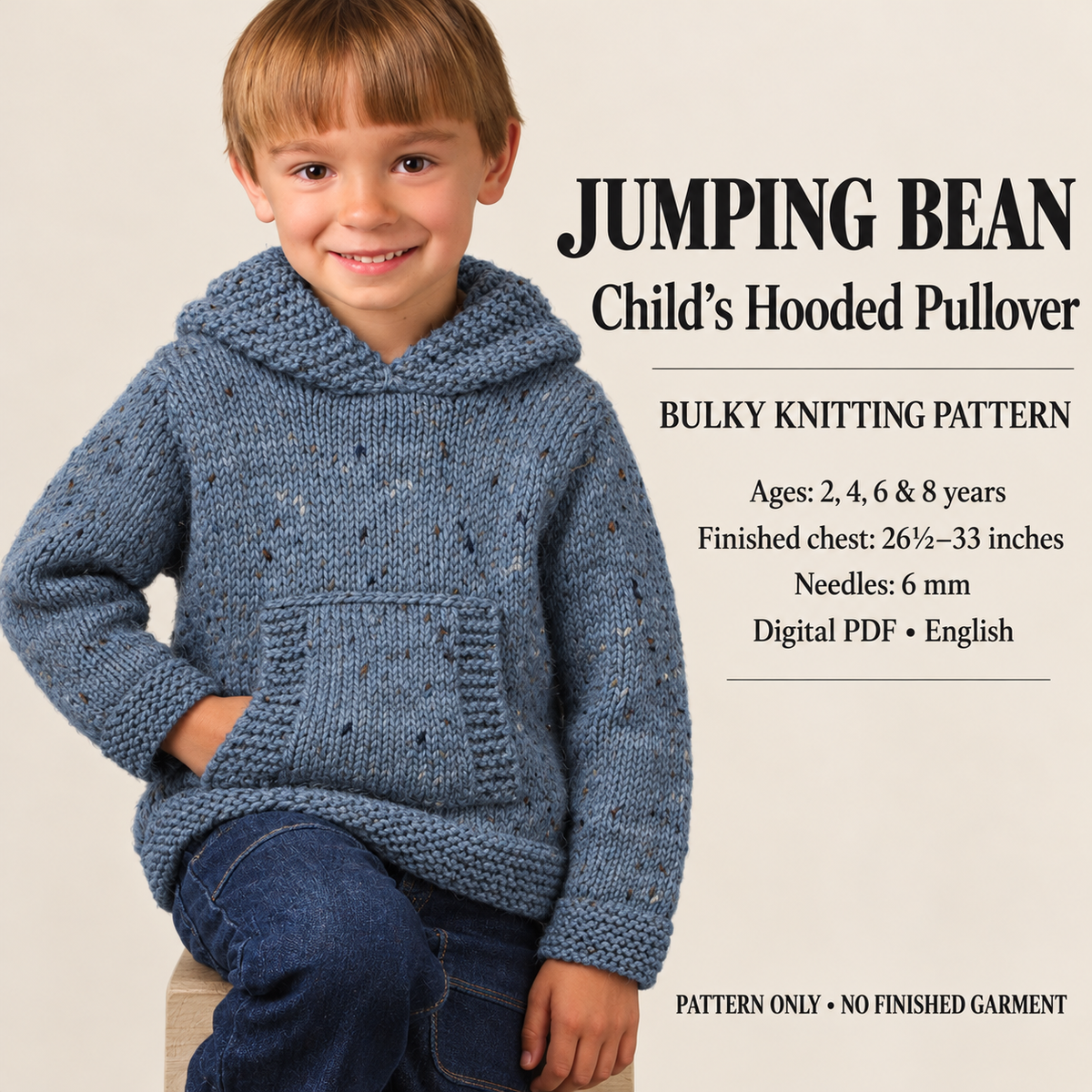 Child's Easy Kangaroo Pocket Hooded Sweater- Jumper- Boy- Girl- Knitting Pattern - Chunky- Bulky (12 ply) Download-26.5"-33" chest (2-8 yrs)