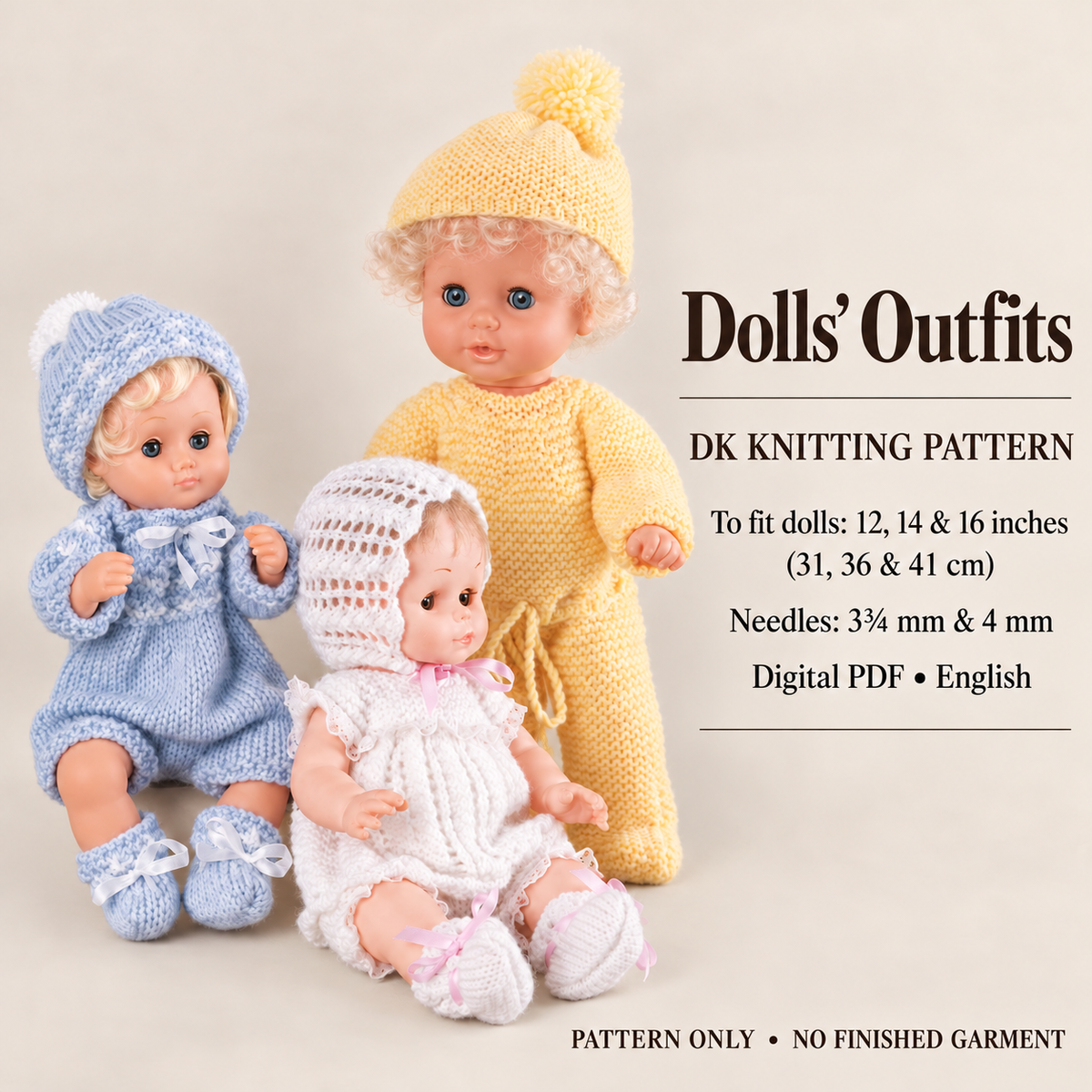 Dolls’ Outfits • Doll heights: 12, 14 and 16 inches (31, 36 and 41 cm) • Styles: White angel top and bloomers, blue and white romper outfit, and yellow top and pants, with matching headwear  knitting pattern