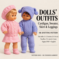 oll heights: 12–14, 15–18 and 19–22 inches dolls’ outfits with cable and textured stitch details • Garments shown: Cardigan, skirt, sweater, leggings, hats and footwear • Sleeves: Long sleeves with ribbed cuffs knitting pattern